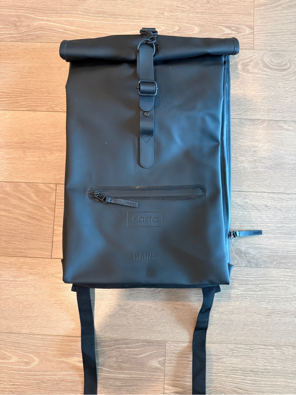 Rains Rolltop Backpack in Black - Carta logo NWOT